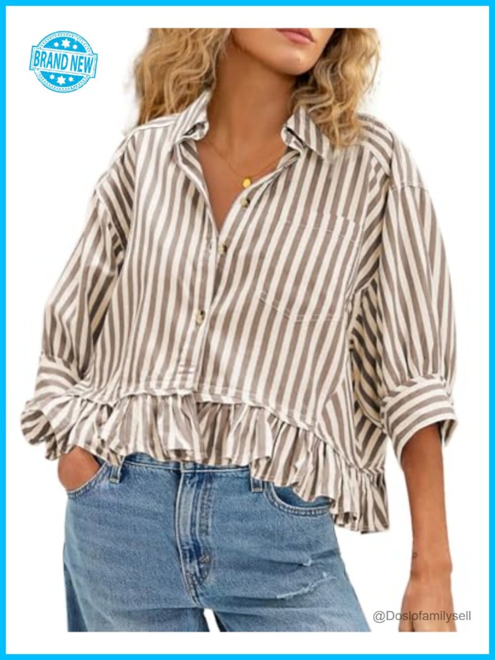 Womens Ruffled Button Down Blouse Puff Sleeve Babydoll Top